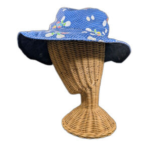 Vintage 1970s Floral Polka Dot Denim Sun Hat Wide Brim Reversible Blue Medium